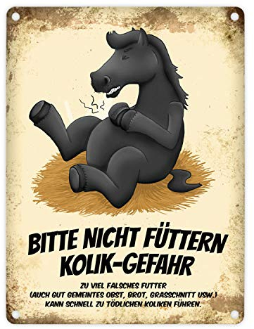Metallschild mit schwarzes Pferd Motiv und Spruch: Bitte nicht füttern - Kolik-Gefahr