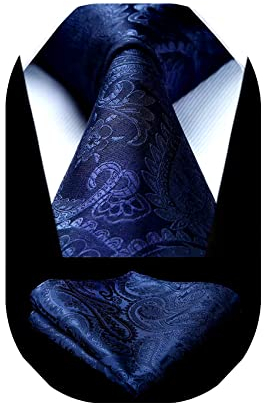 HISDERN Herren Einfarbig Dunkelblaue Krawatten und Einstecktuch Klassisch Paisley Krawattensatz fur Manner