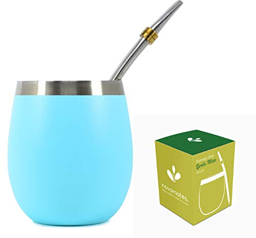 Novomates Kit Mate Argentino - Mate y Bombilla - Completo Reemplaza Calabaza - Acero Inoxidable Doble Pared - 237ml (Turquesa)