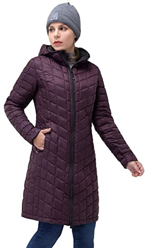 33,000ft Cappotto invernale da donna, leggero, parka impermeabile, giacca invernale lunga, giacca buffer, calda giacca trapuntata Thermolite con cappuccio, Melanzana viola., 46