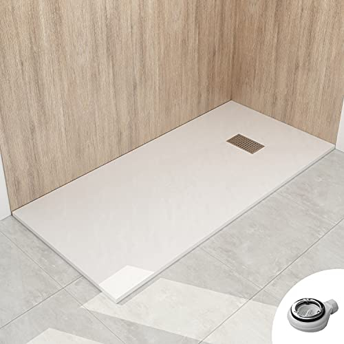 WITEN&NOCK Duschwanne 170x80 cm SMC Brausewanne Weiß Steinoptik Duschtasse Extraflach Anti-Rutsch mit Ablaufgarnitur und Edelstahl-Abflussrinne