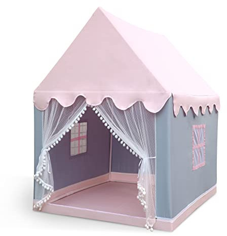 Triclicks Tipi Zelt Für Kinder, Tipi Spielzelt für Kinder, Indianerzelt Kinderzelt Wigwam Spielhaus Für Drinnen & Draußen, 100% Baumwolle Segeltuch (Rosa & Grau)