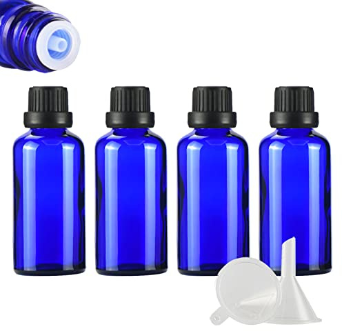 ZEOABSY 4 Stück Leer 50ml Braunglas Flasche mit Tropfmontur Originalitätsverschluss, Tropfflasche Blau mit Schwarz Schraubverschluss Glasflaschen für Ätherisches Öle Essenzen Aromatherapie