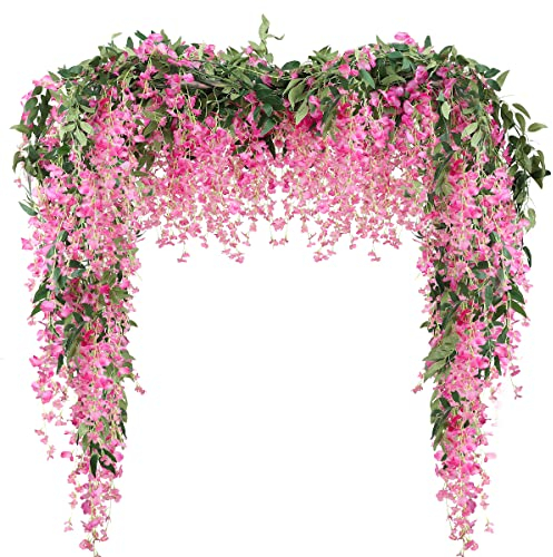 Veryhome 2PCS 7.2FT Künstliche Wisteria Blumen Girlande gefälschte Wisteria Rebe gefälschte Blumen Girlande Seide Ivy Hängende Blume für Hochzeitsdekorationen Home Garten Party Dekor (lila Fuchsia)