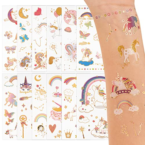 12 Blätter Tattoos zum aufkleben Einhorn 12 * 7,5 cm als Mitgebsel Sticker mit Hautfreundliche Temporäre Tattoo in Gold Geburtstag für Jungen Mädchen Frauen Männer