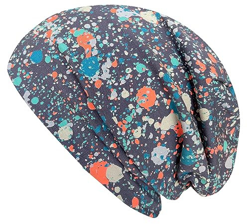 Wollhuhn ÖKO Damen/Herren/Kinder Bequeme Weiche Long Beanie/Mütze/Beanie-Mütze/Strickmütze/Kinder-Mütze Jersey Gefüttert Übergangszeiten (Öko-Stoffe/Bio) 20220620 (Splatter Oliv/Orange, L)