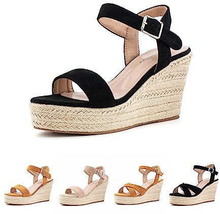 Sandali Donna Estive Eleganti Espadrillas Zeppa Sandali Tacco Largo Alto Sandals Comodi Plateau Cerimonia Sandalo Platform Heeled Sposa Neri EU 38