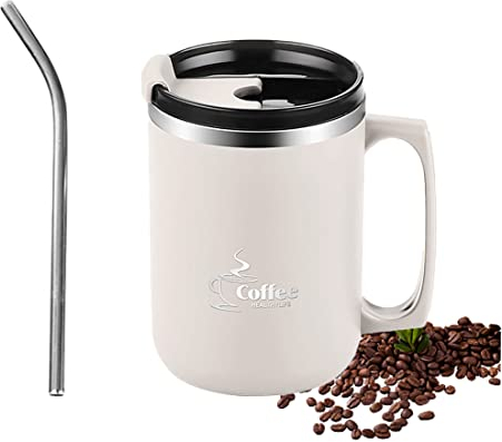 Lcxecnw 15 OZ Coffee Mug with Handle,Double Wall Vacuum Travel Mug,Coffee Mug with Flip lid and Straw,Reusable Stainless Steel Mug,for Home,Office,Travel,Camping,Outdoor(White)