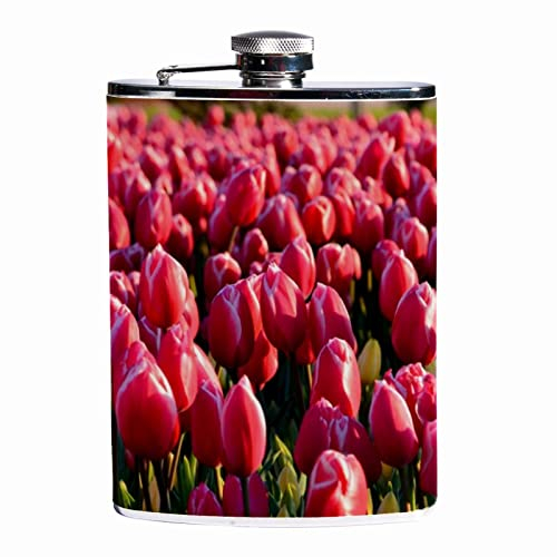 Petacas para licor,campo de tulipanes de flor rosa,Frasco a prueba de fugas de acero inoxidable y frasco de embudo para hombres y mujeres