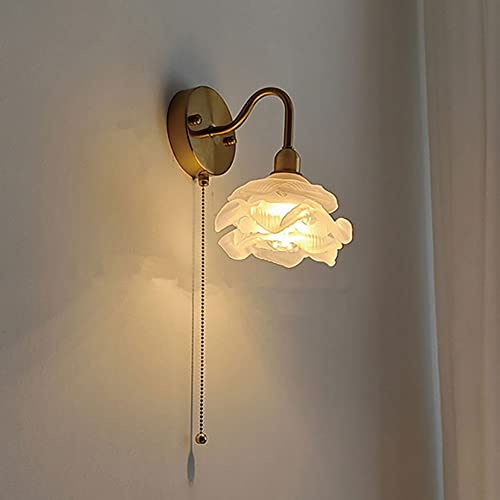RXPVUXE Applique murale en verre floral nordique en laiton brossé avec interrupteur à tirette, luminaire mural de chevet vintage français E14 câblé pour chambre à coucher, appliques de décoration de s