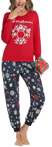 Bresdk Pigiama Donna Natalizio Pigiami Cotone Invernale Lungo Caldo Due Pezzi a Manica Lunga Pantaloni Lunghi con Tasche Natale Rosso M