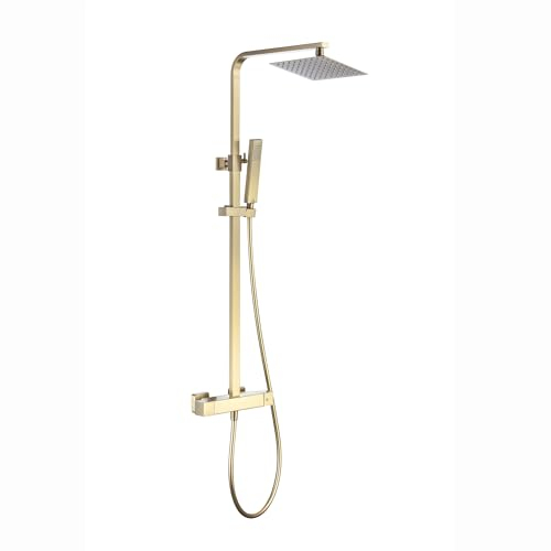 ENKI, ENZO, SH0622, Brushed Brass Shower Set Thermostatic 38 Degree Mixer Shower with 200mm Ultra Slim Overhead Rain Shower and Handheld Shower Square Shower Mixer Shower System, 1-Year Guarantee