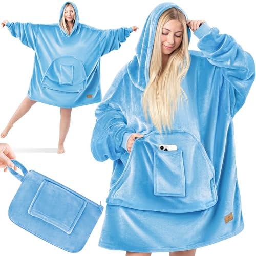 KESSER® Hoodie Decke Kuscheldecke mit Ärmeln Deckenpullover Vielseitig Tragbare Decke zum Anziehen für Damen & Herren, Sweatshirt Warm Kuschelpullover Erwachsene weich Ärmeldecke Oversize Hellblau