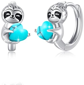 Faultier Creolen Ohrringe Mädchen 925 Sterling Silber Mit Herz Türkis Tier Schmuck Geschenke für Kinder Tochter Damen Mutter Freundin Geburtstag