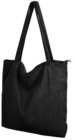 Cord Tasche Damen Umhängetasche Tote Bag Kord Damen Shopper Handtasche mit Reißverschluss Schultertaschen Henkeltasche Große Kapazität für Arbeit Büro Reisen Einkauf Schule Alltag Schwarz