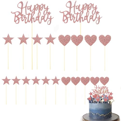 katmerio 22 Pièces Decoration Gateau Anniversaire Or Rose Happy Birthday Cake Topper Coeurs Étoiles Deco Gateau-Pour mariage, anniversaire, fête, mariage doré