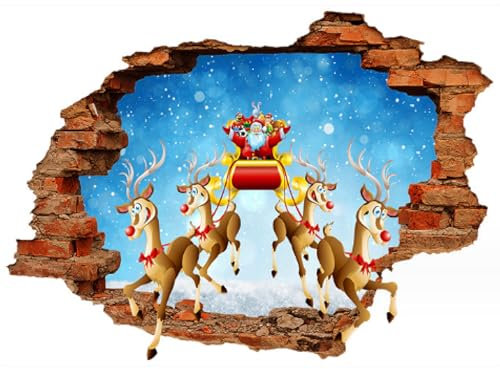 2-teilige 3d Zerbrochene Wand Elch Weihnachtsmann Wandaufkleber, Wohnzimmer, Kinderzimmer, Weihnachtsdekoration, Selbstklebende Papiertapete, 50 Bis 70cm