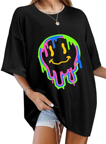 WIEIYM Tshirt Damen Oversized T-Shirt Rundhals Kurzarm Lose Top Sommer T-Shirts Tops Shirt Oberteile Frauen Gedruckt Lässig Oberteile Bluse,A1-Schwarz,2XL