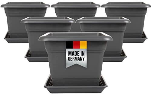 2friends 6er Set Blumentopf mit Untersetzer, Blumentopf Gross 28x28 cm, Pflanzkübel Groß Außen, Pflanzentopf Pflanzkübel Kunststoff, Blumenkübel Pflanztöpfe Anthrazit Made in Germany
