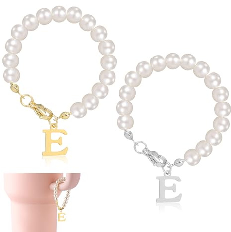 2pcs Letter Charms for Stanley Cup, Alphabet Pendant Tumbler Pearl Handle Charms Chain Personalized Name ID Initial Letter Decorations for Stanley Tumbler Accessories(Letter E)