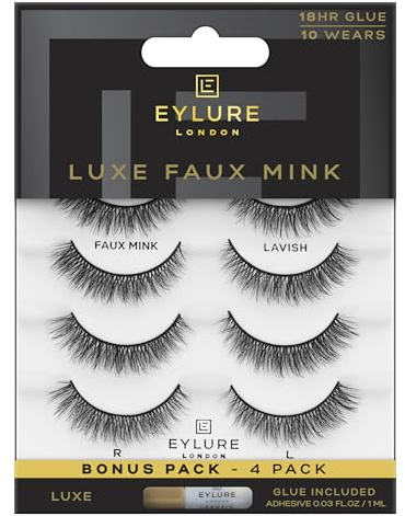 Eylure Luxe Faux Mink False Lashes - Natural Lavish, 4 Pairs Bonus Pack | Glue Included | 10 Wears