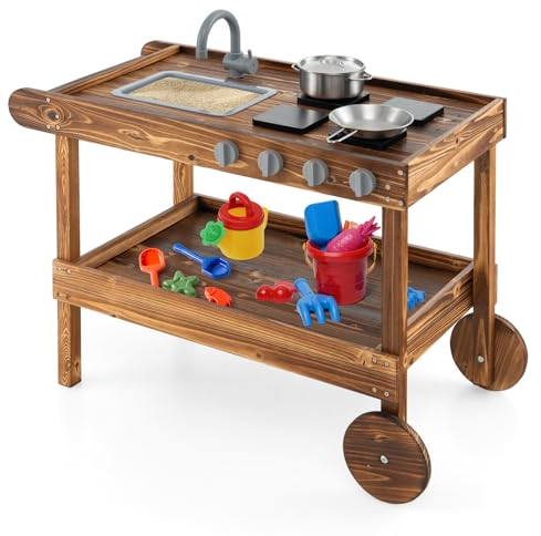 COSTWAY Mud Kitchen, Wooden Kids Toy Kitchen with Rolling Wheels, Push Handle, Rotatable Faucet, Removable Sink, Stoves, Outdoor Pretend Kitchen Playset for Boys Girls Ages 3-7