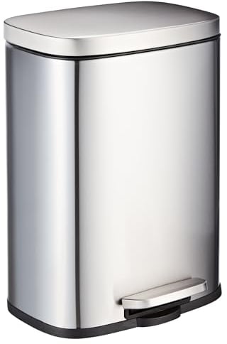 Kitchen Pedal Bin 12 Litre Waste Bin Soft Closing With Inner Bucket & Handle Rubbish Bin For Home Office Bathroom Garage Silver Steel (12 Litre Bin)