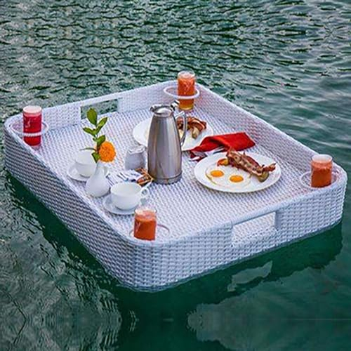GeträNkehalter Pool, Schwimmendes FrüHstüCkstablett aus Rattan mit Griffen, Schwimmbecken für den Pool, Perfekt für Poolpartys und Zum Entspannen (Color : Wit)