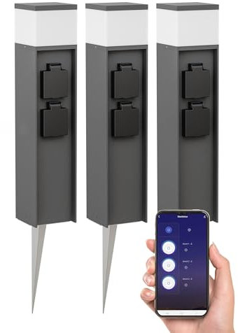 ledscom.de 3 Stück Pollerleuchte PODEL mit Erdspieß für außen, Smart Home, 39cm, anthrazit, 2 Steckdosen, inkl. G9 Leuchtmittel, 501lm, warmweiß