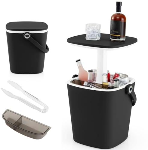 TANGZON 3kg Portable Ice Bucket Table with Handle, 15L 3-in-1 Side Table Beer Cooler with Lift Top Lid and Bottle Opener, All-Weather Outdoor Coffee Cocktail Tables, Outdoor Patio Furniture (Black)