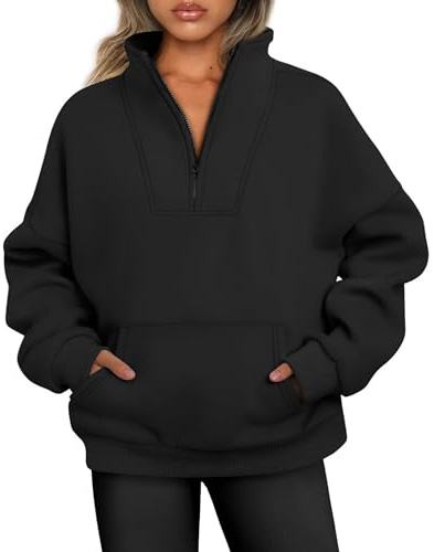 Jhsnjnr Damen Pullover Herbst Langarm Oberteile Fleece-Innerfutter Halber Reißverschluss Sweatjacke Stehkragen Oversize Sweatshirt