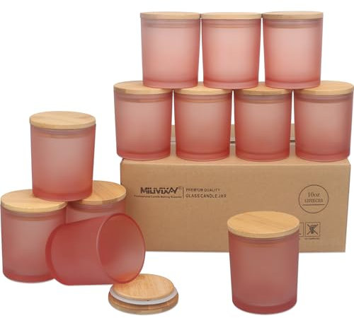 MILIVIXAY Lot de 12 pots à bougies vides en verre épais rose mat de 283,5 g avec couvercles pour la fabrication de bougies – Récipients à épices, poudre