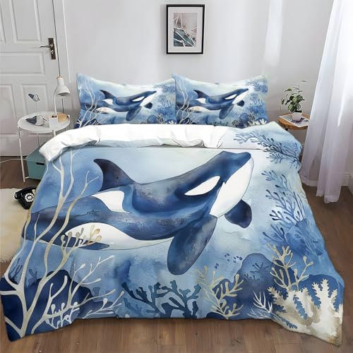 XCQHZYQ Bettwäsche 135x200 cm Aquarell Wal Koralle Ozean 3D Bettwäsche 3 teilig Weich Polyester Baumwolle Bettwäsche Jugendliche Erwachsene Doppelbett mit Reißverschluss