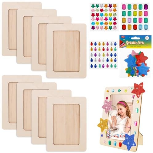 Tearmier 8 Pcs Kids DIY Picture Craft Set, Wooden Art Frame with Glitter Stickers and Stones, Rectangular Frame for DIY Paint Decorate