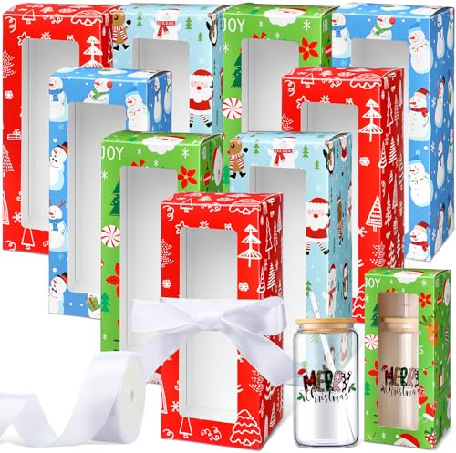 Honoson 24 Pcs Christmas Gift Boxes with Ribbon for Sublimation Glass Cup Tumbler Gift Box with Window for 12oz 16oz 20oz Drinking Glasses Jars Sublimation Glass Can Blanks Tumbler(Novel Style)