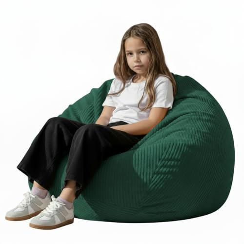 Großer Sitzsack für Stofftiere (ohne Füllung), 91 cm, riesiger, schwerer, weicher Cord-Sitzsackbezug für Kinder, Jugendliche und Erwachsene, rund, flauschiges Sofa für Zuhause, Wohnzimmer, grüner