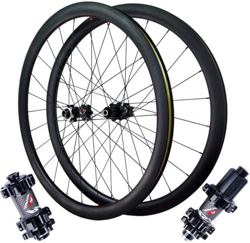 GEIRONV 700C Scheibenbremse Offroad Fahrrad Laufradsatz, 24-Loch Fahrradnabe Kohlefaser Schnellspanner Vorne 2 Hinten 4 Lager Steckachse Felge 7–12 Gänge(Black-38mm,15 * 100/12 * 142mm)