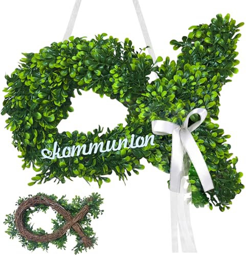 SANLIUSANJIU Konfirmation Taufe Basteln Deko, Kommunion Eukalyptus Kranz, Künstlicher Eukalyptus Türkranz in Fischform, Erstkommunion Dekoration für Junge und Mädchen für Haustür, Wand, Fenster usw.