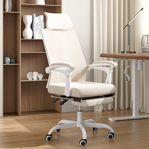 UEV Ergonomic Office Chair with Footrest, Adjustable Lumbar Support & Headrest, Back Support, Comfortable Desk Chair for Home & Office (Beige)