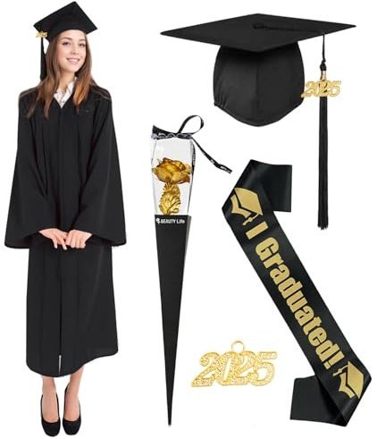 HarnyLoom Toge Diplome Universitaire 2025 Robe Noir Chapeau Diplômé Écharpe Gland Coiffe Rose Dorée Graduation Lycée Costume Graduation Cap Étudiant Remise de Diplôme Cadeaux (Noir, XXL)