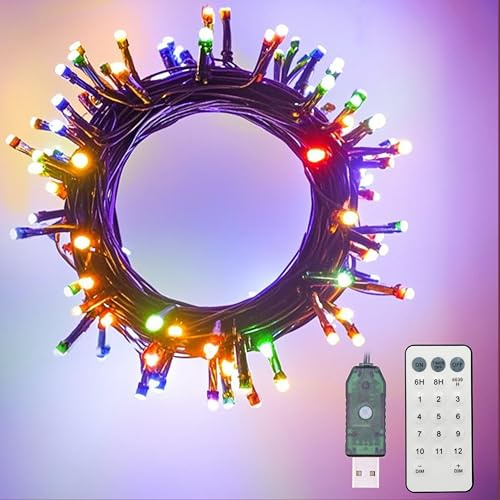 YUCHOI USB Powered LED Christmas Lights, Color Changing Warm to Multi String Fairy Lights On Dark Green Cable with Remote Control, for Indoor/Outdoor Xmas Tree Deco Party (10m-100led)