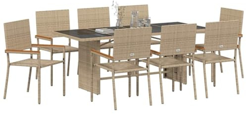 vidaXL Garden Dining Set 9 pcs Beige Poly Rattan, Alfresco Dining Set, Modern Rattan, Rectangular Patio Table and Chairs for Garden Lounge, Outdoor Suite