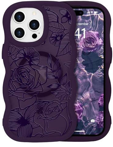 L-FADNUT Cover magnetica per iPhone 15 Pro, bella custodia protettiva ondulata e riccia con motivo floreale, cover trasparente opaca per iPhone 15 Pro, viola scuro