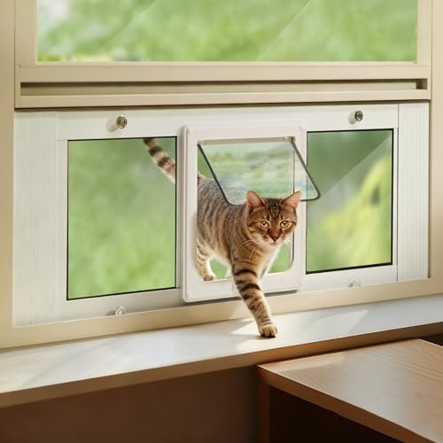 LIBBEPET Window Cat Door, Adjustable Window Width 31-36, Large | 4 Way Lock Cat Door for Window, 7.8×8.3 Flap for Cats ≤25lbs, Weatherproof Aluminum Alloy Frame, Magnetic Flap Brush Strips