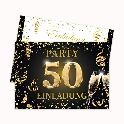 Edition Colibri Einladungskarten 50. Geburtstag A6, 10 Stück schwarz gold zum Selbstbeschriften, edle besondere Partyeinladungen Geburtstagsfeier, Geburtstagskarten Set für Frauen und Männer