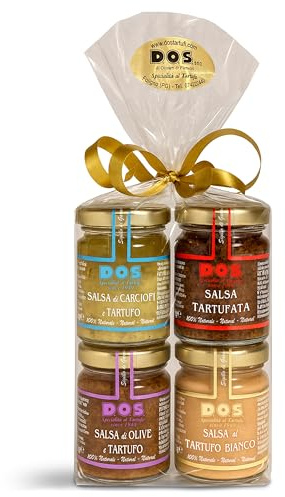 Confezione Regalo Gourmet – 4 Salse al Tartufo 100% Naturali (4x80g): Tartufata, Carciofi, Olive, Tartufo Bianco – Prodotti Tipici Italiani per Natale