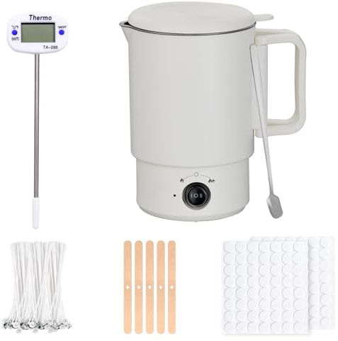 Tarro de cera de hierro fundido profesional 800ml,Olla de Fusión de Cera | base extraíble, kit completo para velas: olla, termómetro, mechas, pegatinas, soporte y cuchara de mezcla