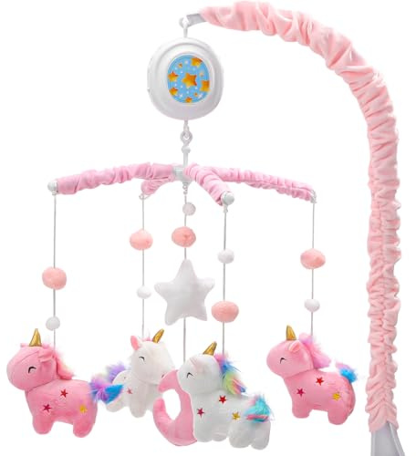 Baby Mobile mit Musik（100+ beruhigender）, Kinder Mobile für Babybett | Drehbares Plüsch-Babybettchen mit Sternenlichtprojektor. Perfektes Kinder Mobile Geschenk für Mädchen.