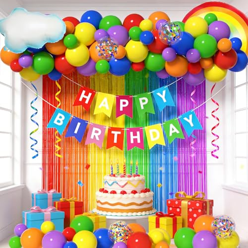 Rainbow Party Decorations Set - Includes Birthday Banner, Foil Fringe Curtains, Rainbow Balloon Arch Kit & Foil Balloons for Birthday, Bridal or Baby Shower Decorations