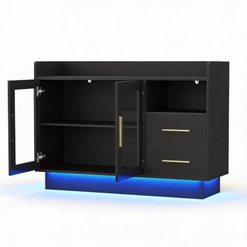 IDEALHOUSE Gaming & Freizeit Weinbar-Schrank 47,24 – LED-Beleuchtung, Steckdosenleiste, Schublade & Gläserhalter, für 8 Flaschen/9–15 Gläser, modern – Farbe: Black